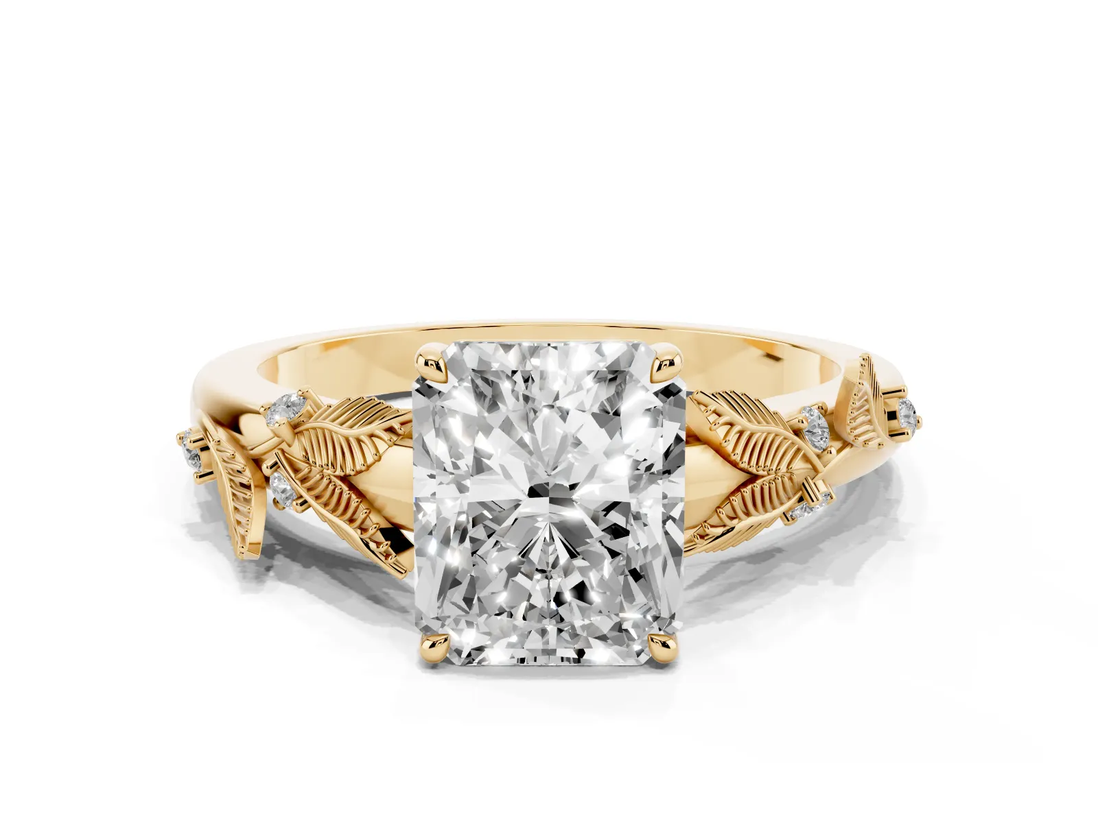 Radiant Cut Diamond Solitaire Ring with Leaf Motif Band and Four-Prong Setting Yellow gold