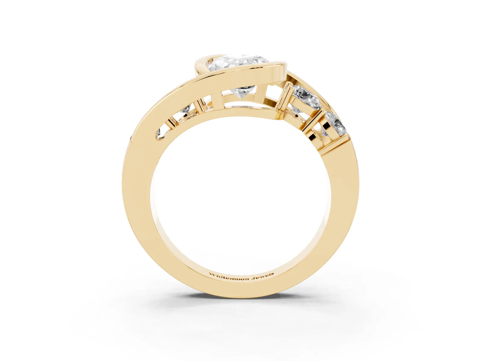 Bezel Set Oval Cut Diamond Bypass Ring with Round Accents Yellow gold