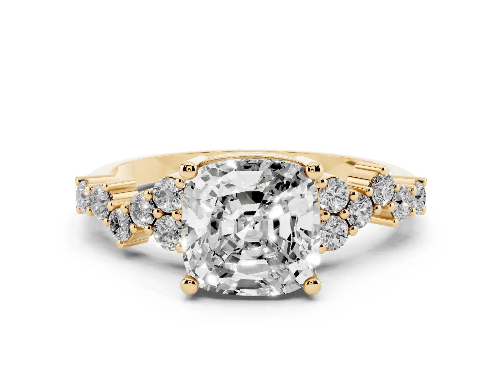 Cushion Cut Diamond Scattered Round Accent Ring with Prong Setting Yellow gold