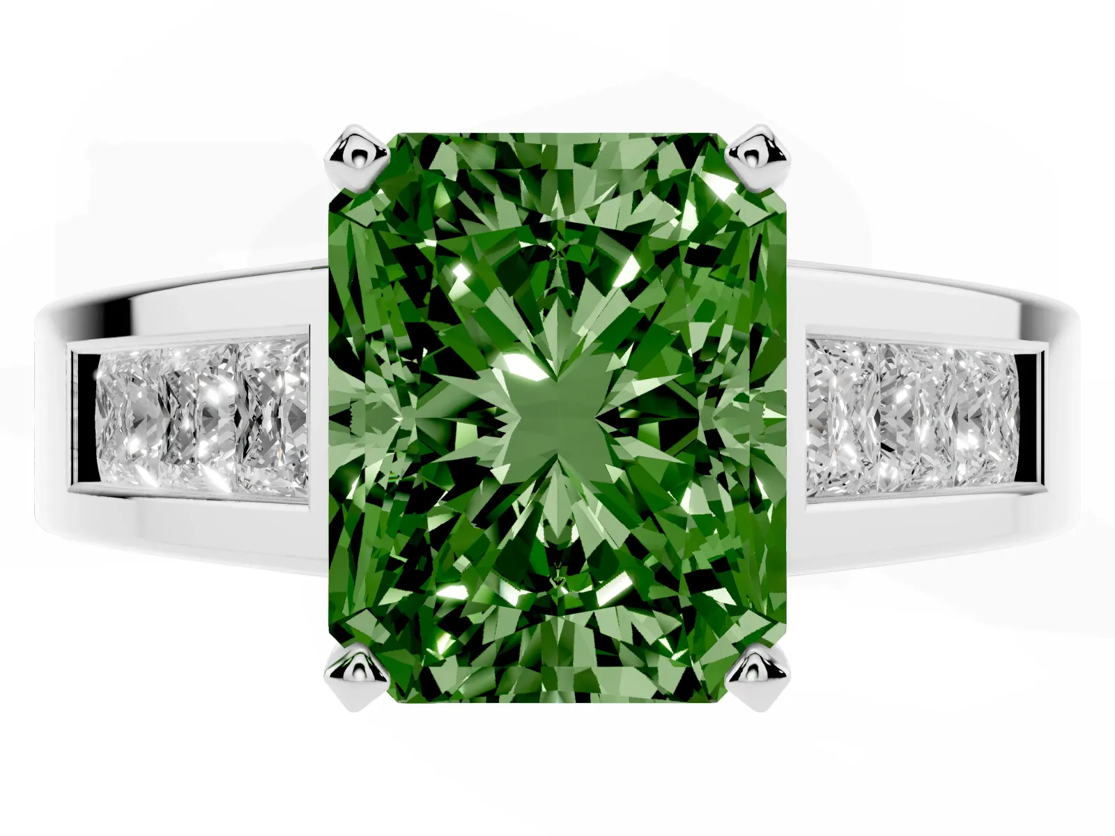 Fancy Green Radiant Cut Cut Channel Set Solitaire Ring with Four-Prong Setting Platinum