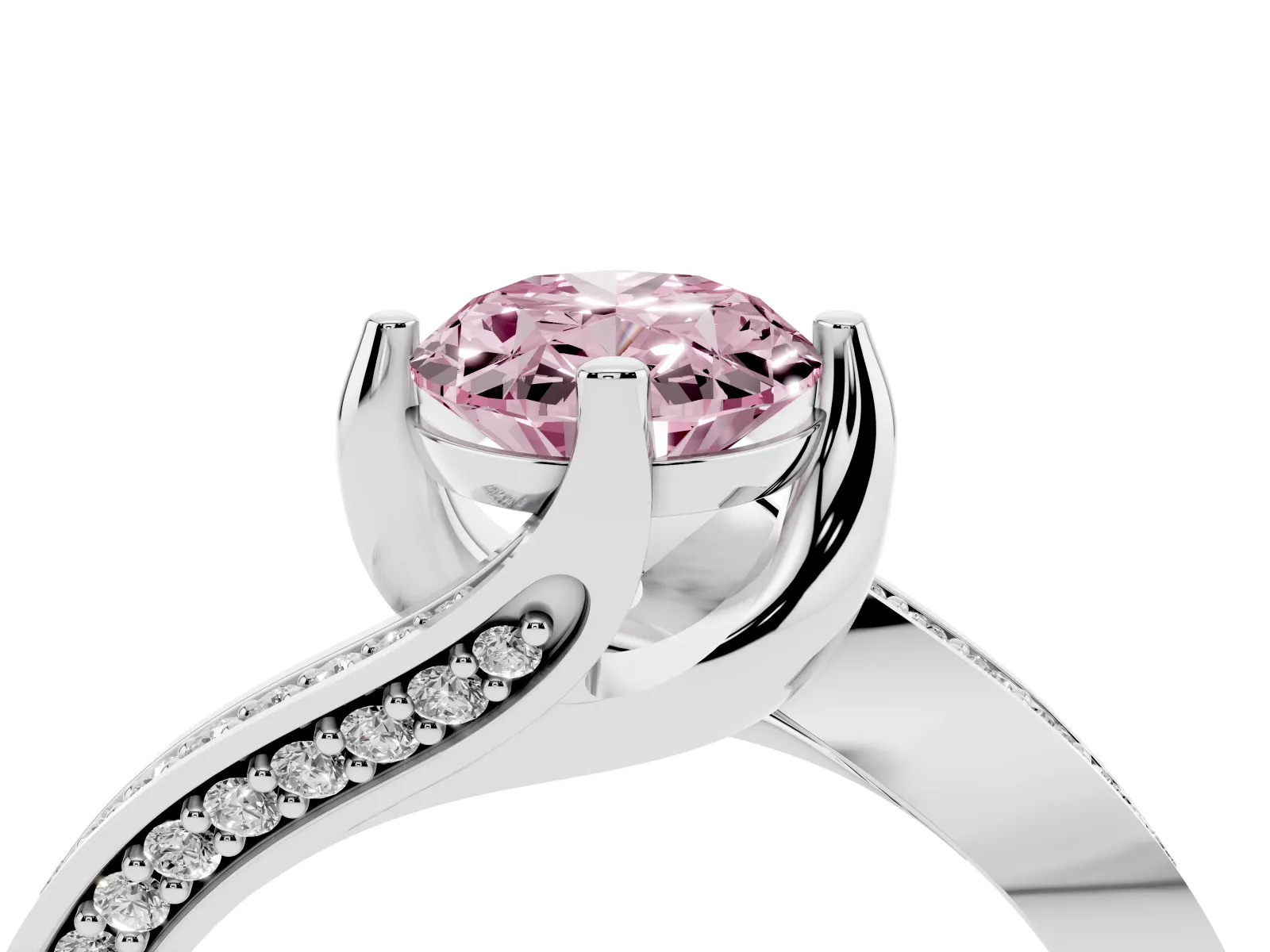 Fancy Pink Oval Cut Solitaire Diamond Twist Band with Pavé Setting and Four-Prong Setting Platinum