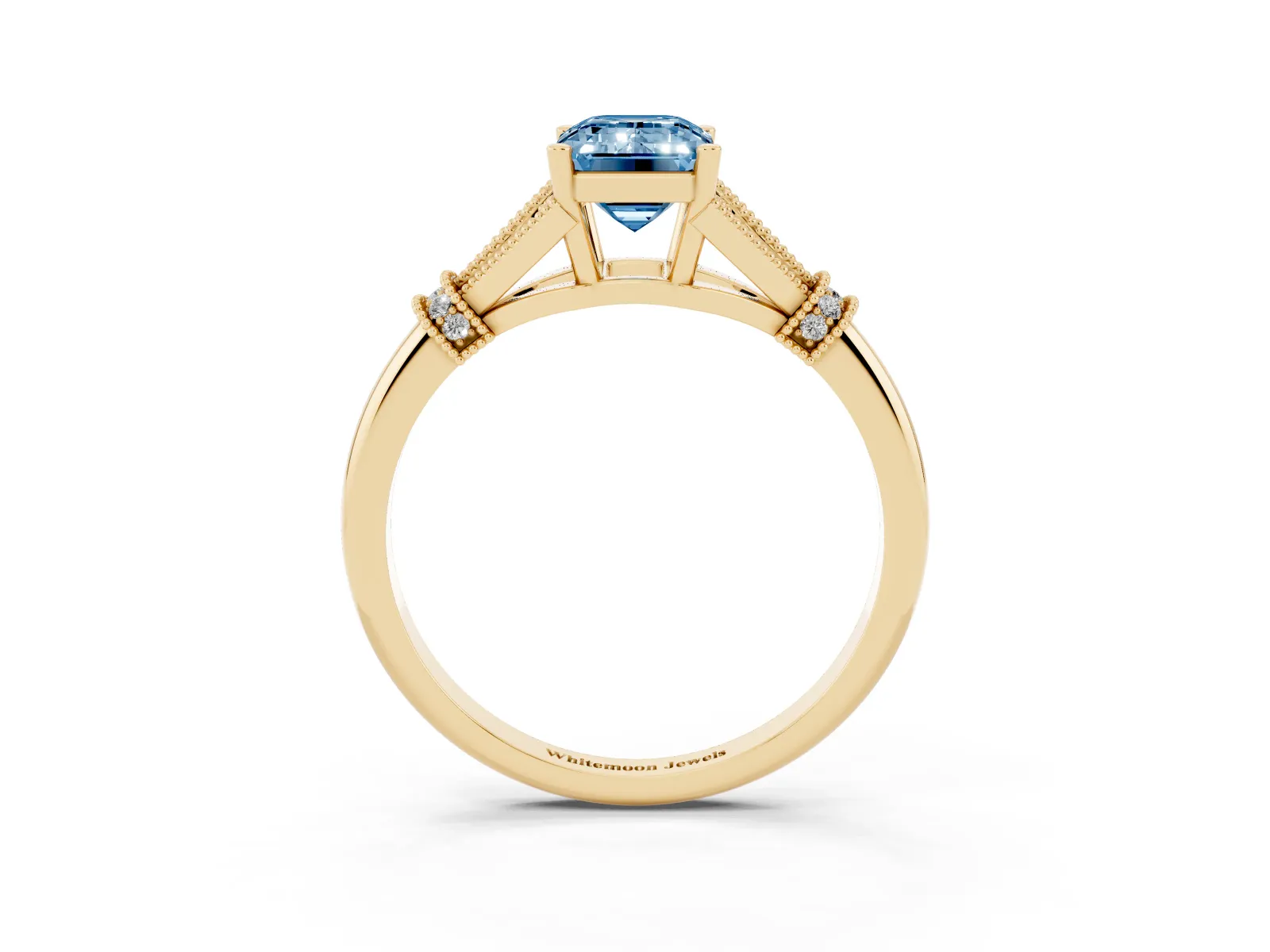 Fancy Blue Emerald Cut Diamond Solitaire Ring with Floral Filigree and Pave Accents Yellow gold