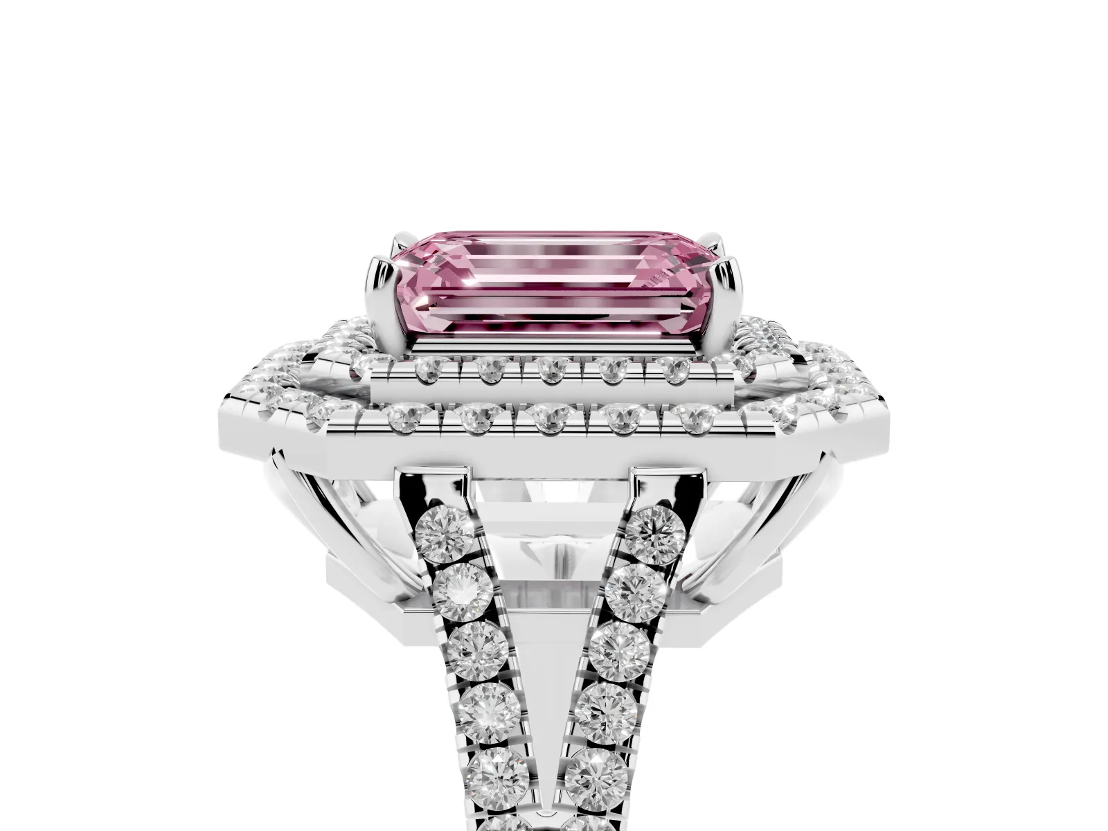 Fancy Pink Emerald Cut Diamond Double Halo Ring with Pavé Band and Prong Setting Platinum