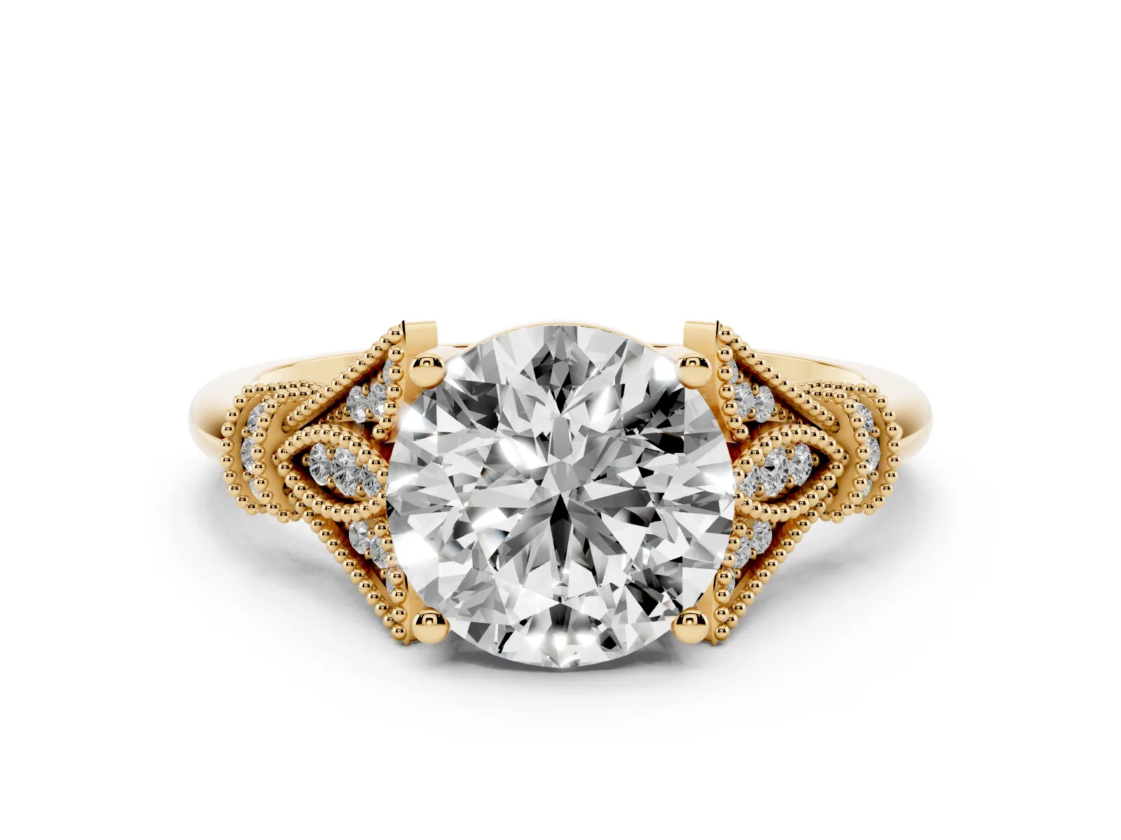Round Cut Diamond Solitaire Ring with Floral Filigree and Pave Accents Yellow gold