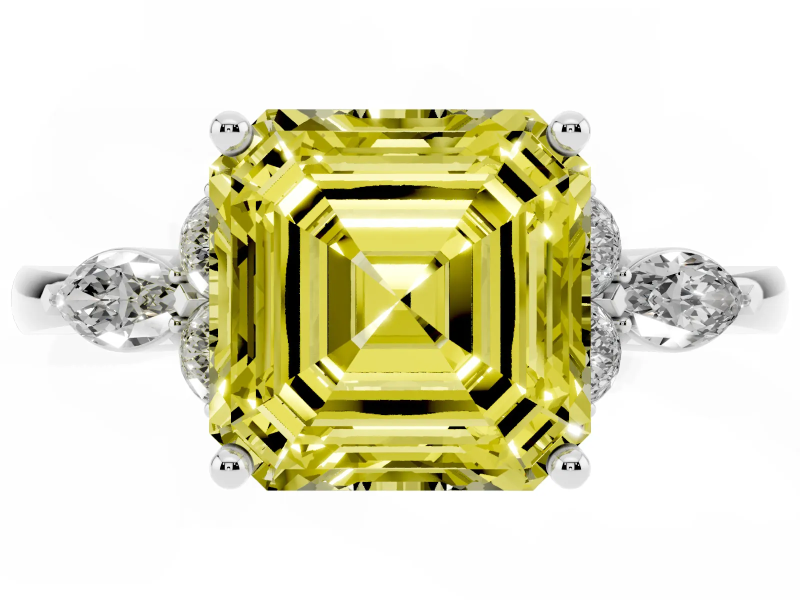 Fancy Yellow Asscher Cut Brilliant Diamond Solitaire Ring with Pear Side Stones and Four-Prong Setting Platinum