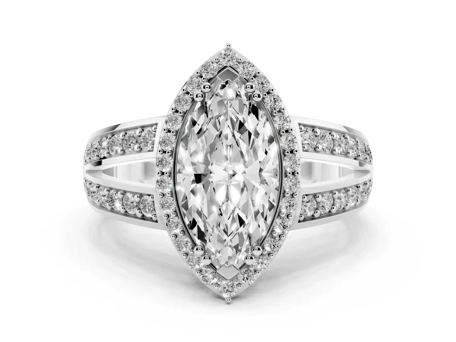 Marquise Cut Diamond Halo Ring with Split Shank Pavé Band and Four-Prong Setting White gold