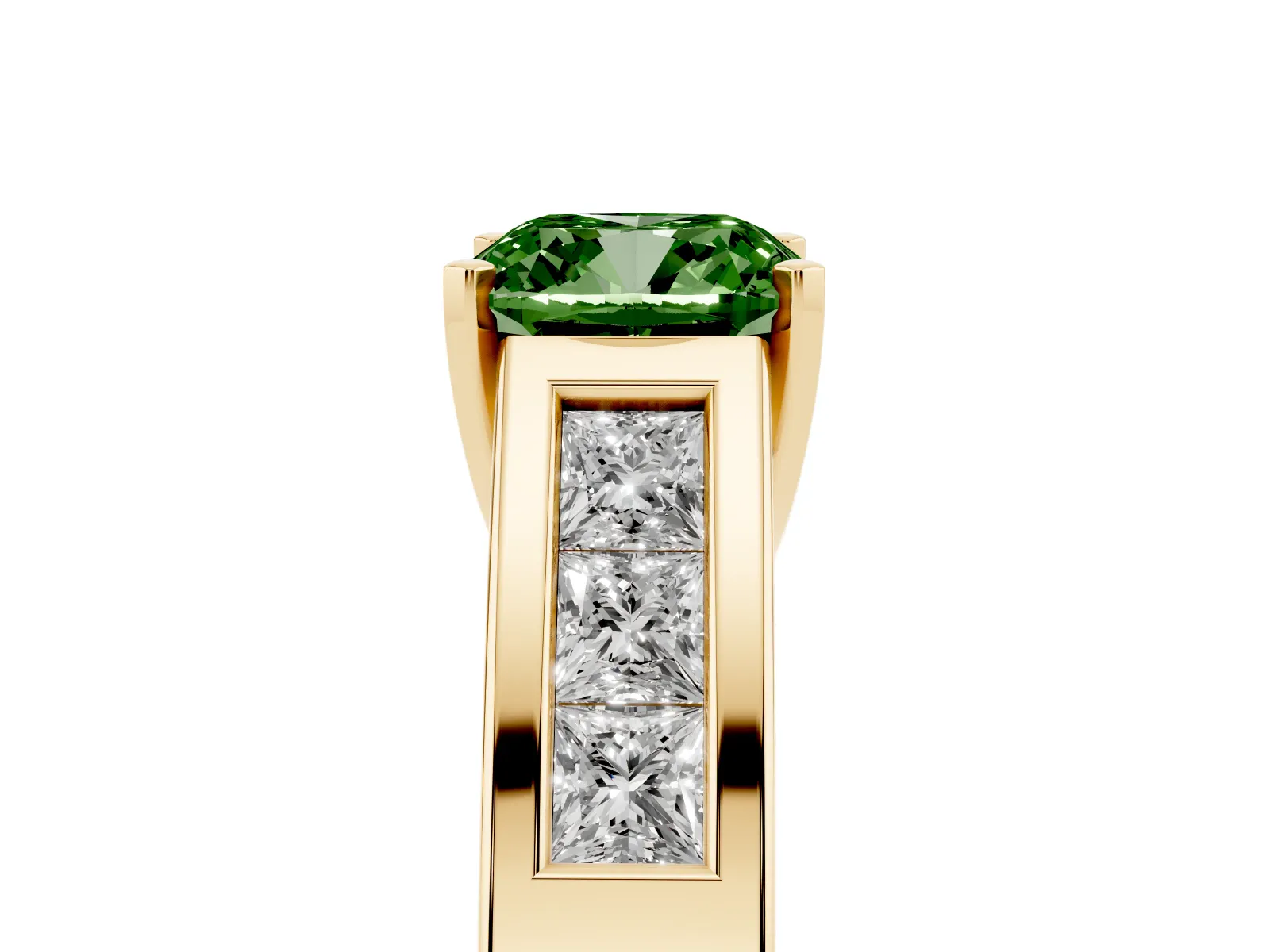 Fancy Green Cushion Cut Cut Channel Set Solitaire Ring with Four-Prong Setting Yellow gold