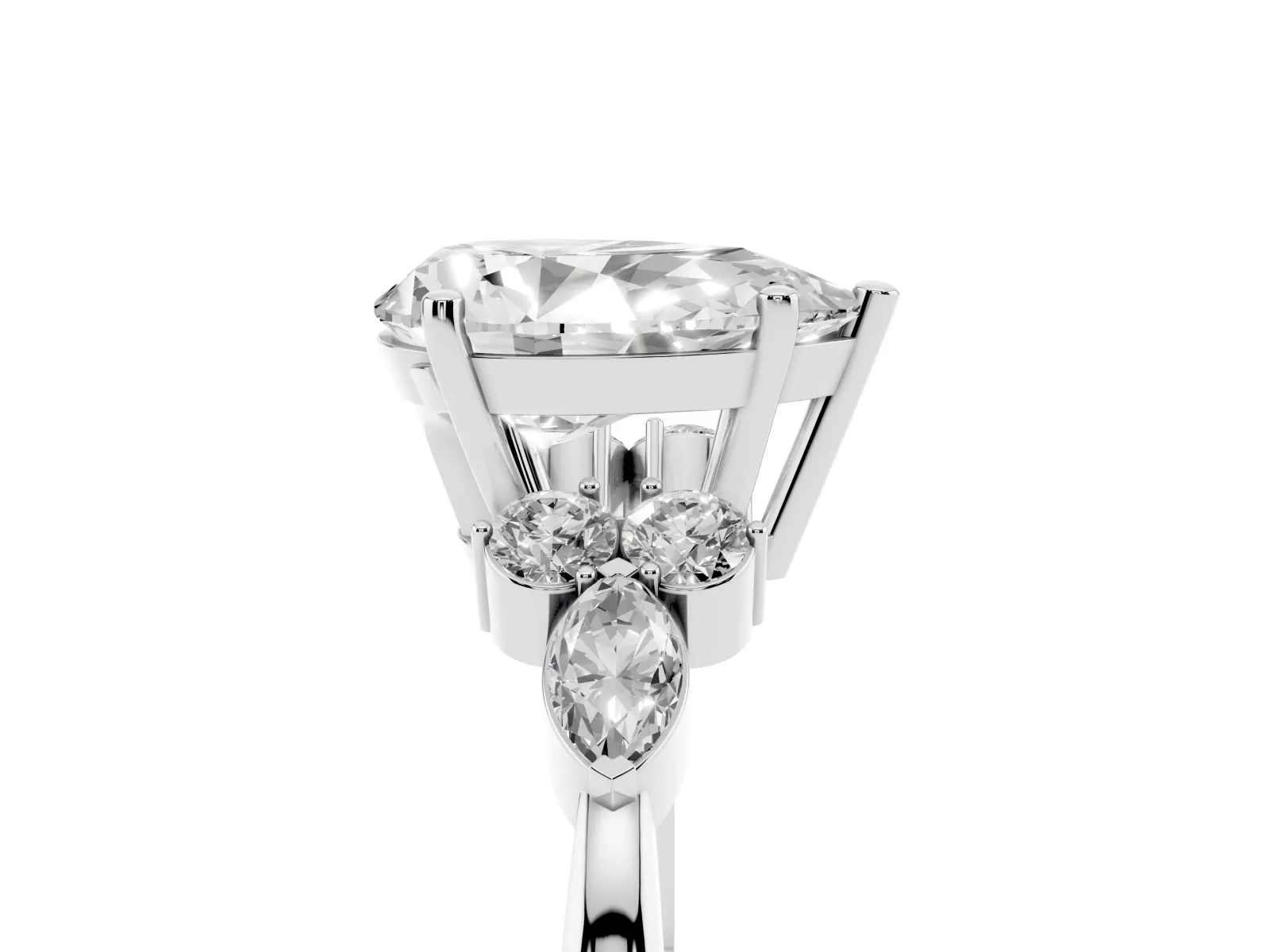 Pear Cut Brilliant Diamond Solitaire Ring with Pear Side Stones and Four-Prong Setting Platinum