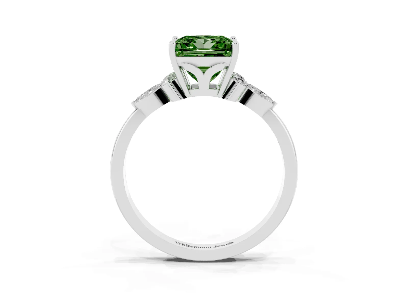 Fancy Green Princess Cut Brilliant Diamond Solitaire Ring with Pear Side Stones and Four-Prong Setting Platinum