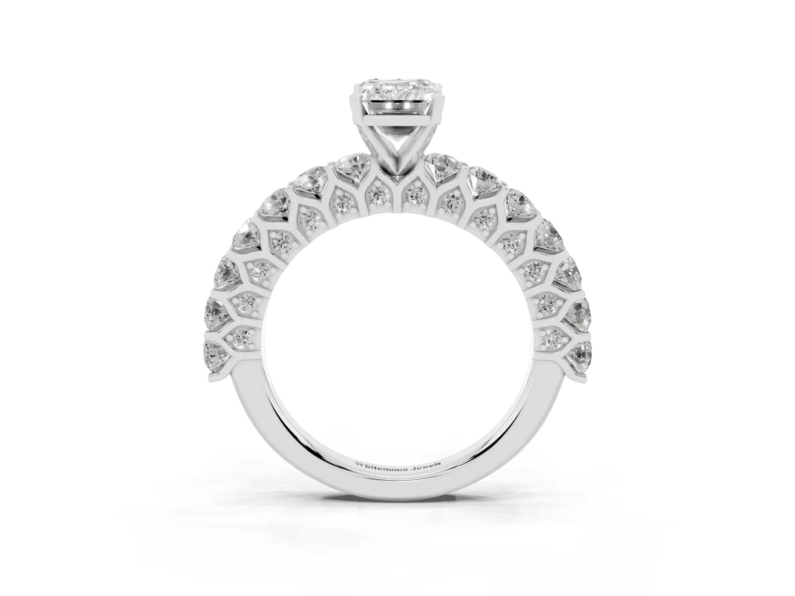 Emerald Cut Diamond Solitaire Ring with Shared Prong Pavé Band and Four-Prong Setting White gold