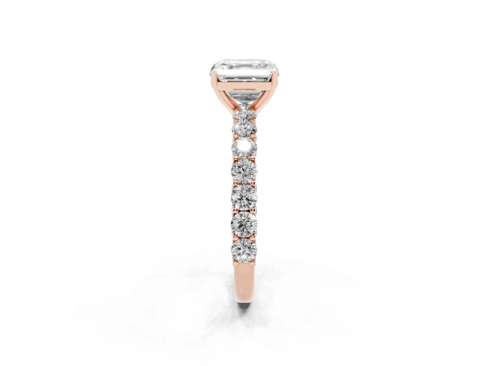 Asscher Cut Diamond Solitaire Ring with Shared Prong Pavé Band and Four-Prong Setting Rose gold