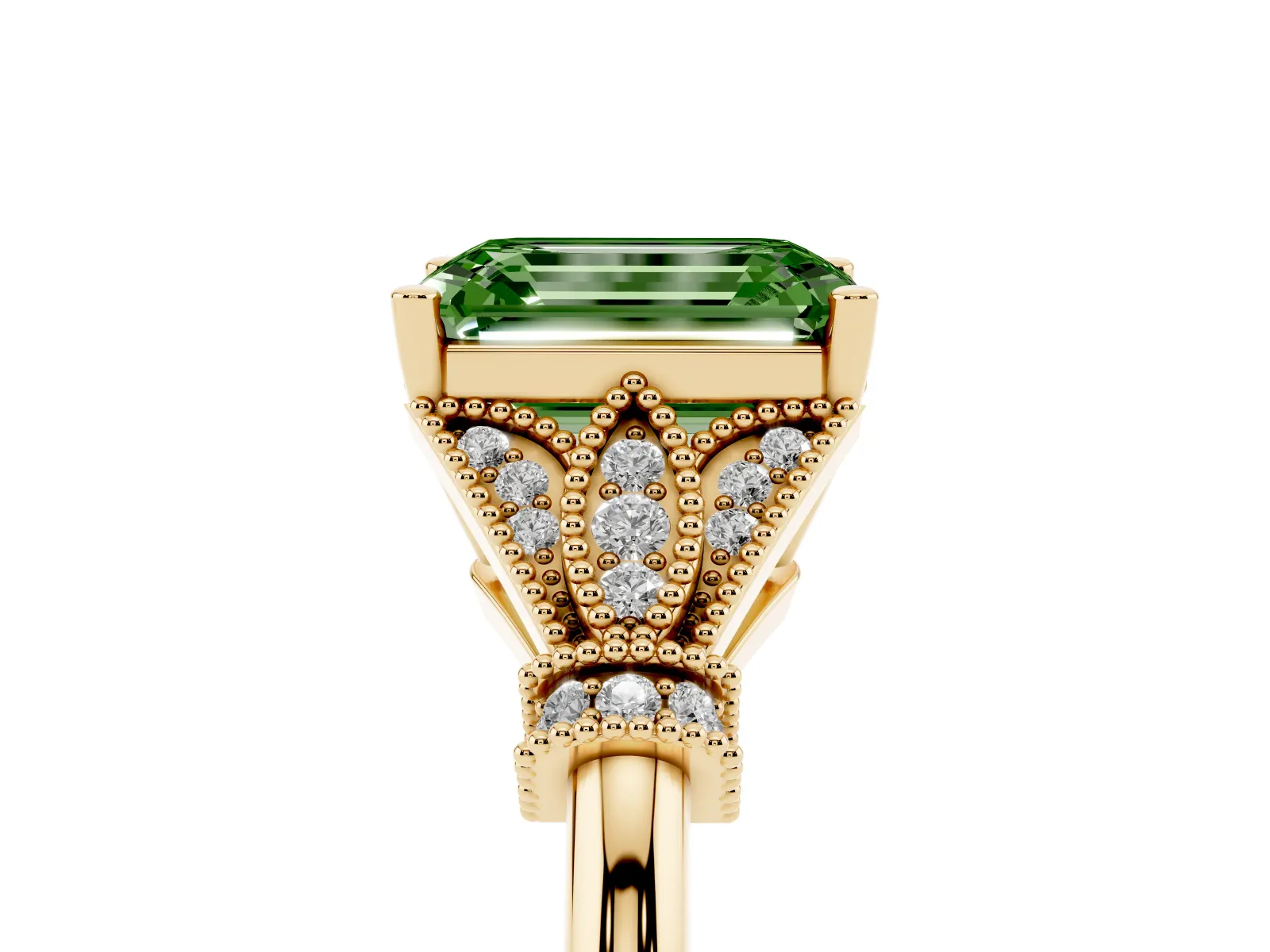Fancy Green Emerald Cut Diamond Solitaire Ring with Floral Filigree and Pave Accents Yellow gold