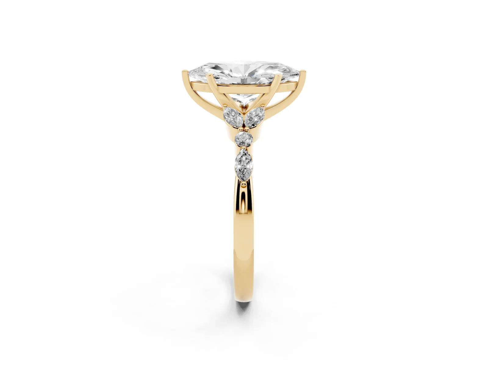 Marquise Cut Diamond Solitaire Ring with Side Stones and Four-Prong Setting Yellow gold