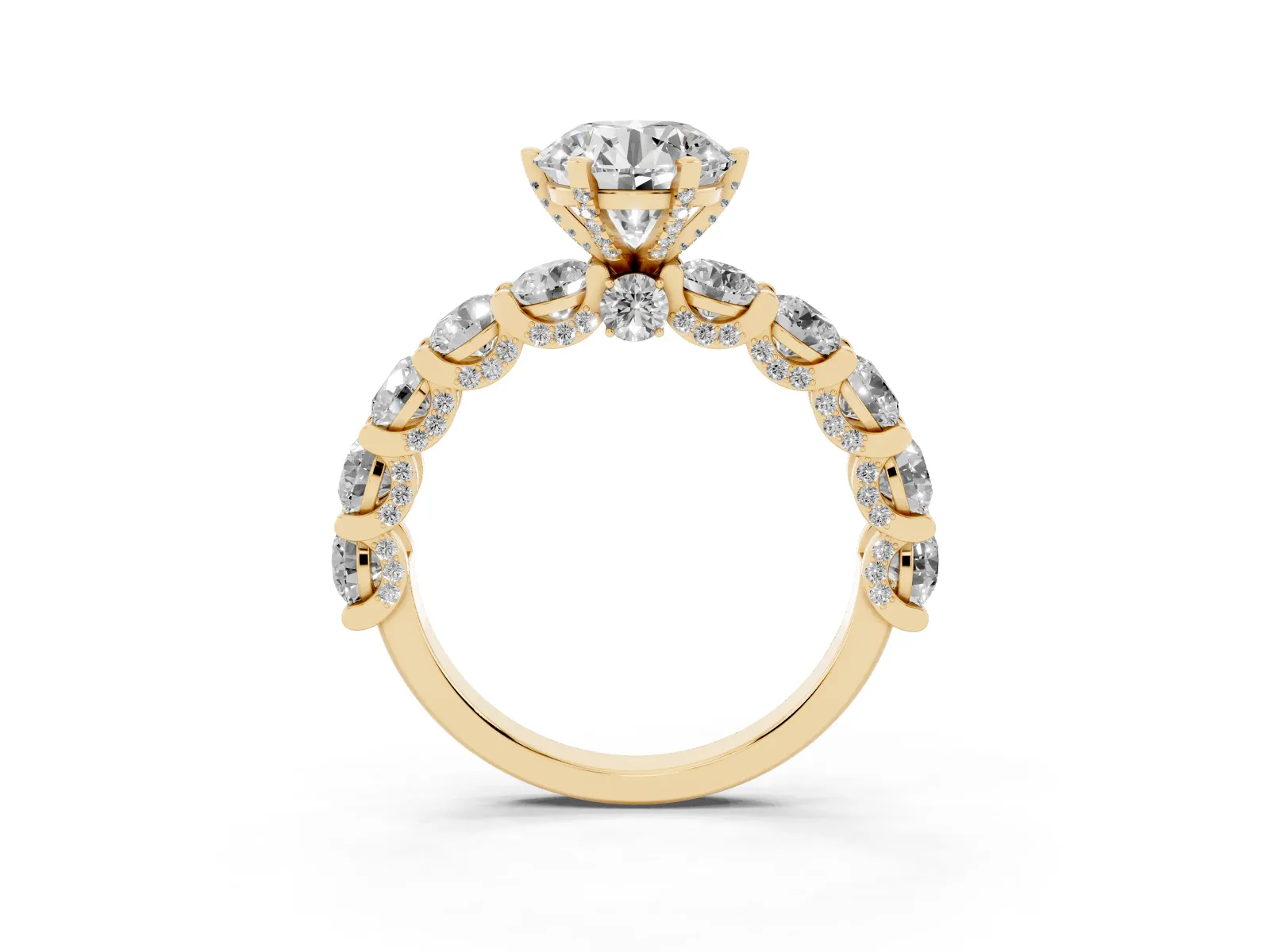 Round Cut Diamond Side Stone Engagement Ring with Four-Prong Setting Yellow gold