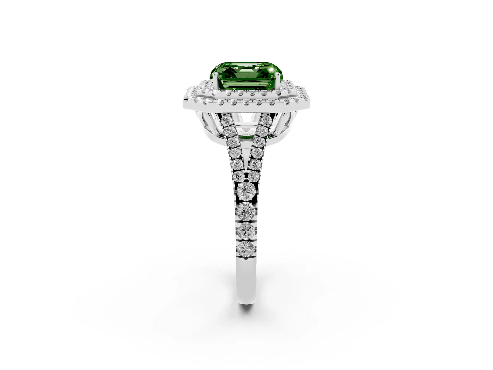 Fancy Green Asscher Cut Diamond Double Halo Ring with Pavé Band and Prong Setting Platinum