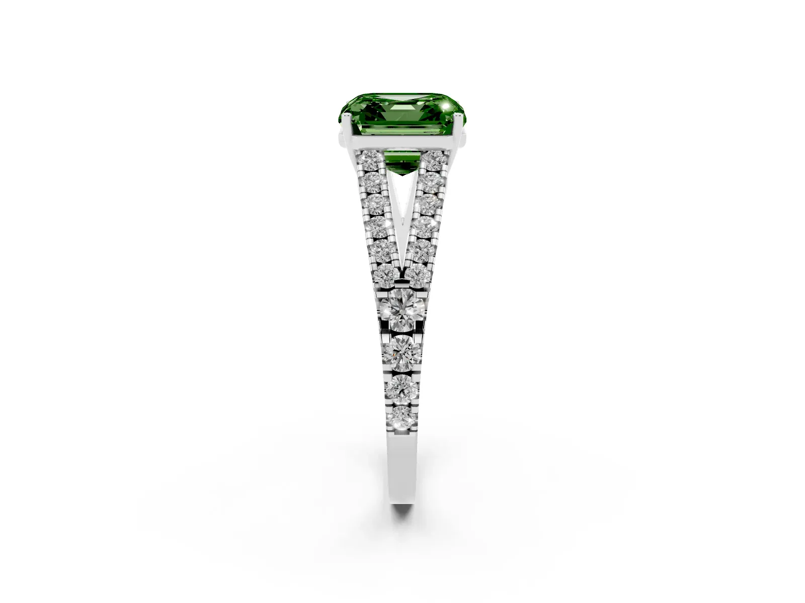 Fancy Green Asscher Cut Diamond Split Shank Engagement Ring with Round Pavé and Prong Setting White gold