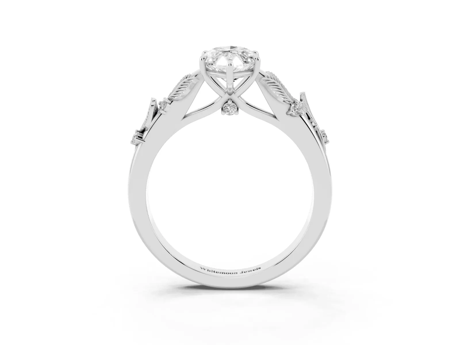Marquise Cut Diamond Solitaire Ring with Leaf Motif Band and Four-Prong Setting Platinum