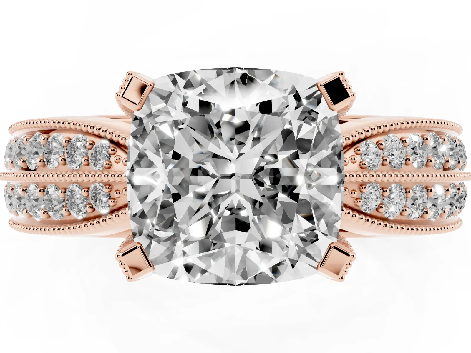 Cushion Cut Diamond Solitaire Ring with Milgrain Round Pavé Band and Prong Setting Rose gold