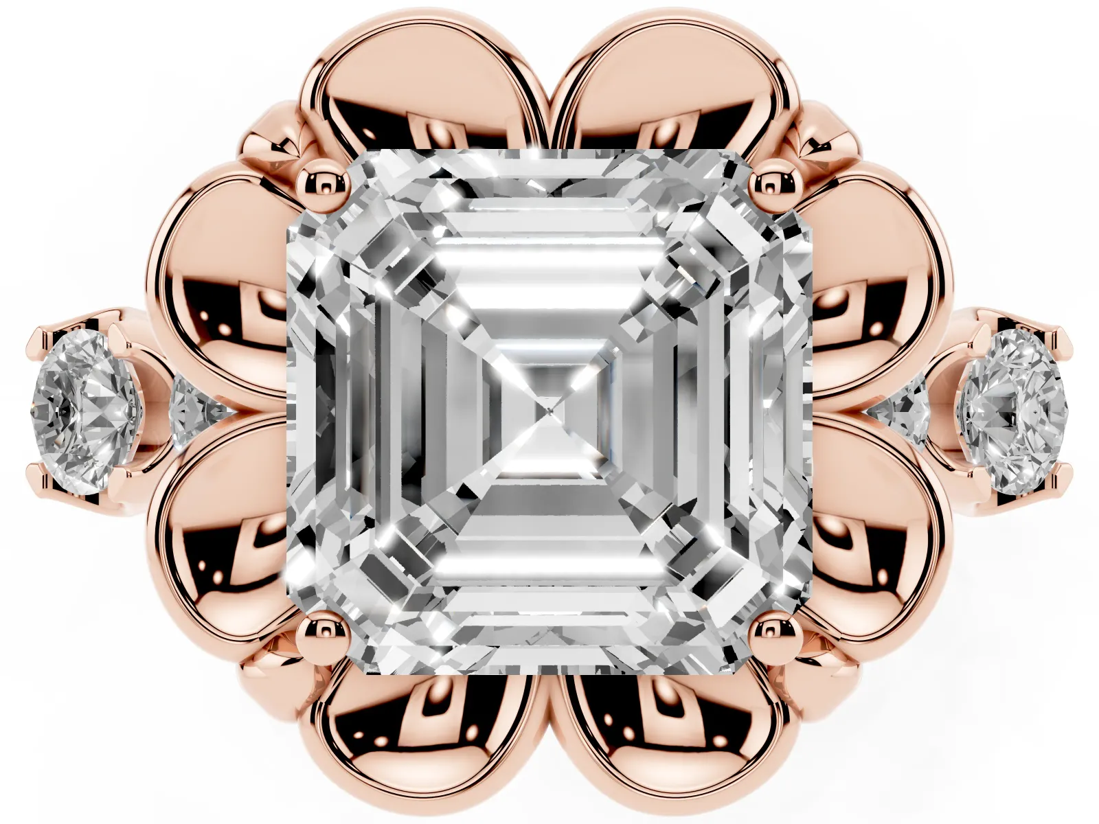 Asscher Cut Cut Diamond Floral Halo Engagement Ring with Shared Prong Setting Rose gold