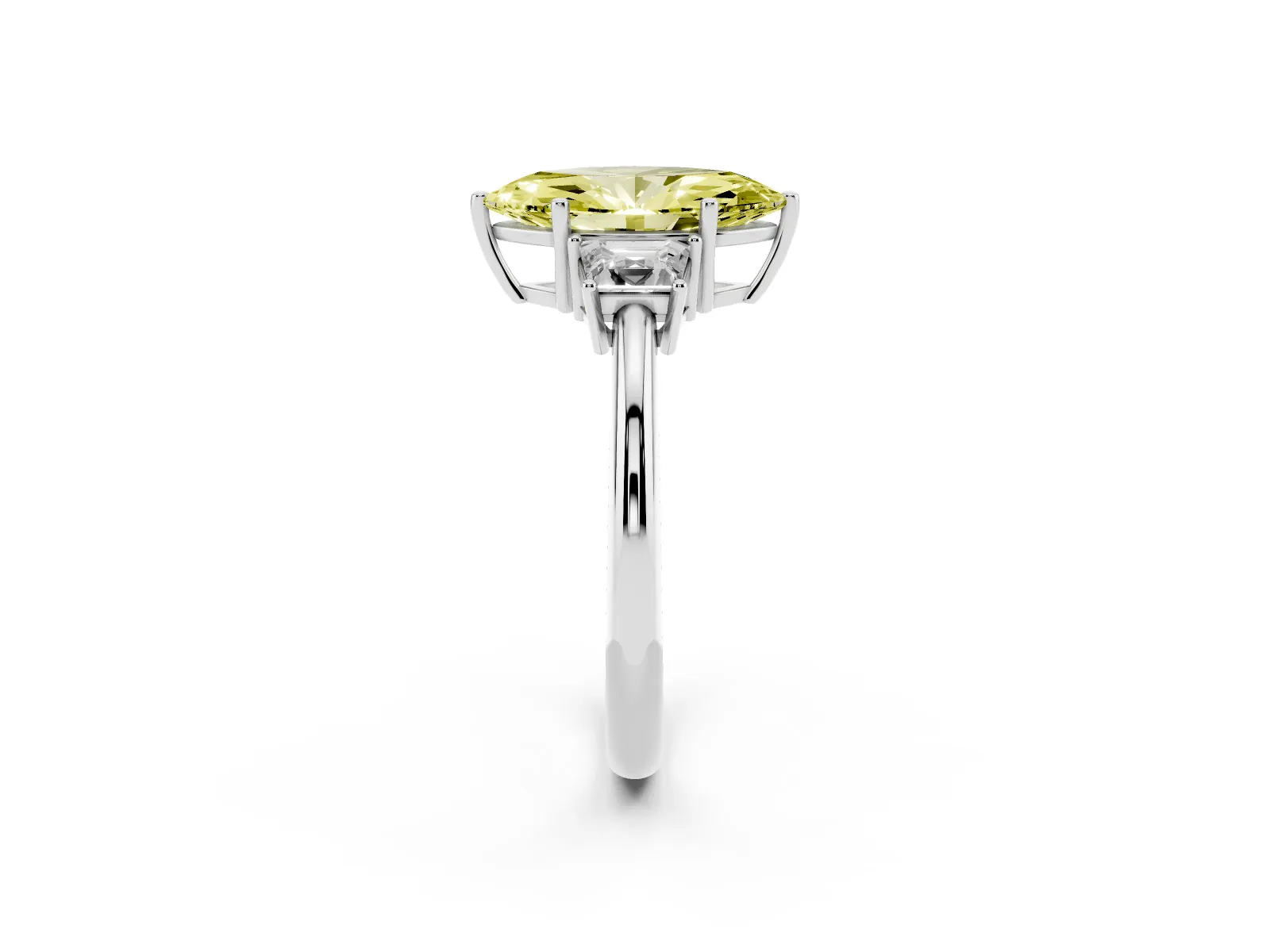 Fancy Yellow Marquise Cut Diamond Three-Stone Ring with Trapezoid Side Stones and Prong Setting Platinum
