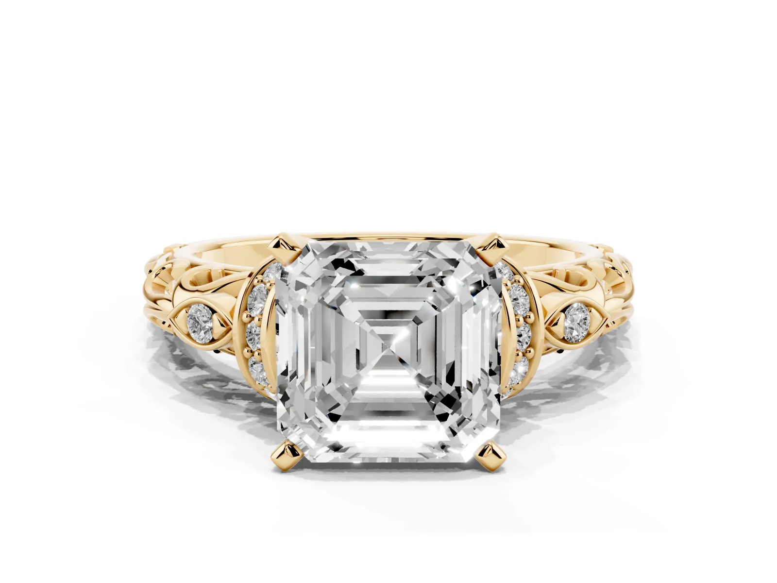 Asscher Cut Diamond Solitaire Ring with Filigree Band and Four-Prong Setting Yellow gold