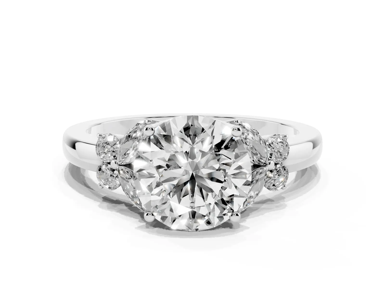 Round Cut Cut Solitaire Floral Diamond Ring with Four-Prong Setting Platinum