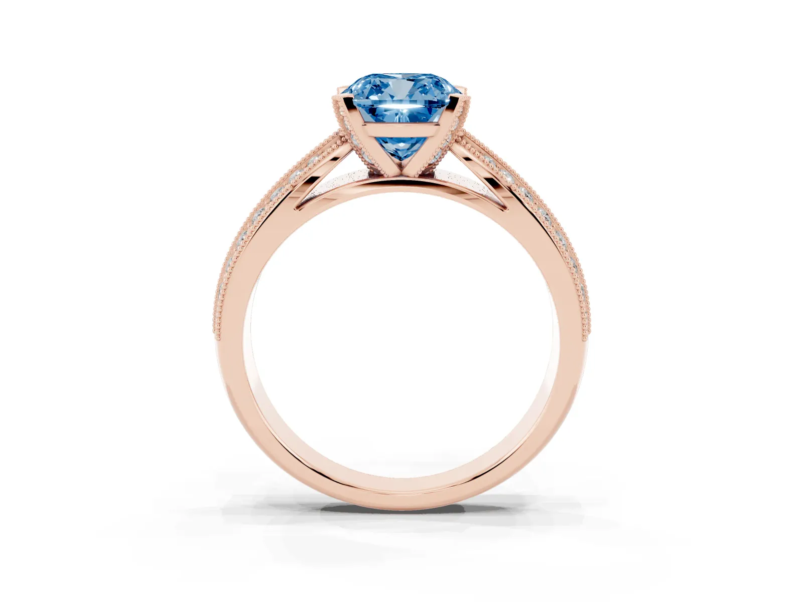 Fancy Blue Cushion Cut Diamond Solitaire Ring with Milgrain Round Pavé Band and Prong Setting Rose gold