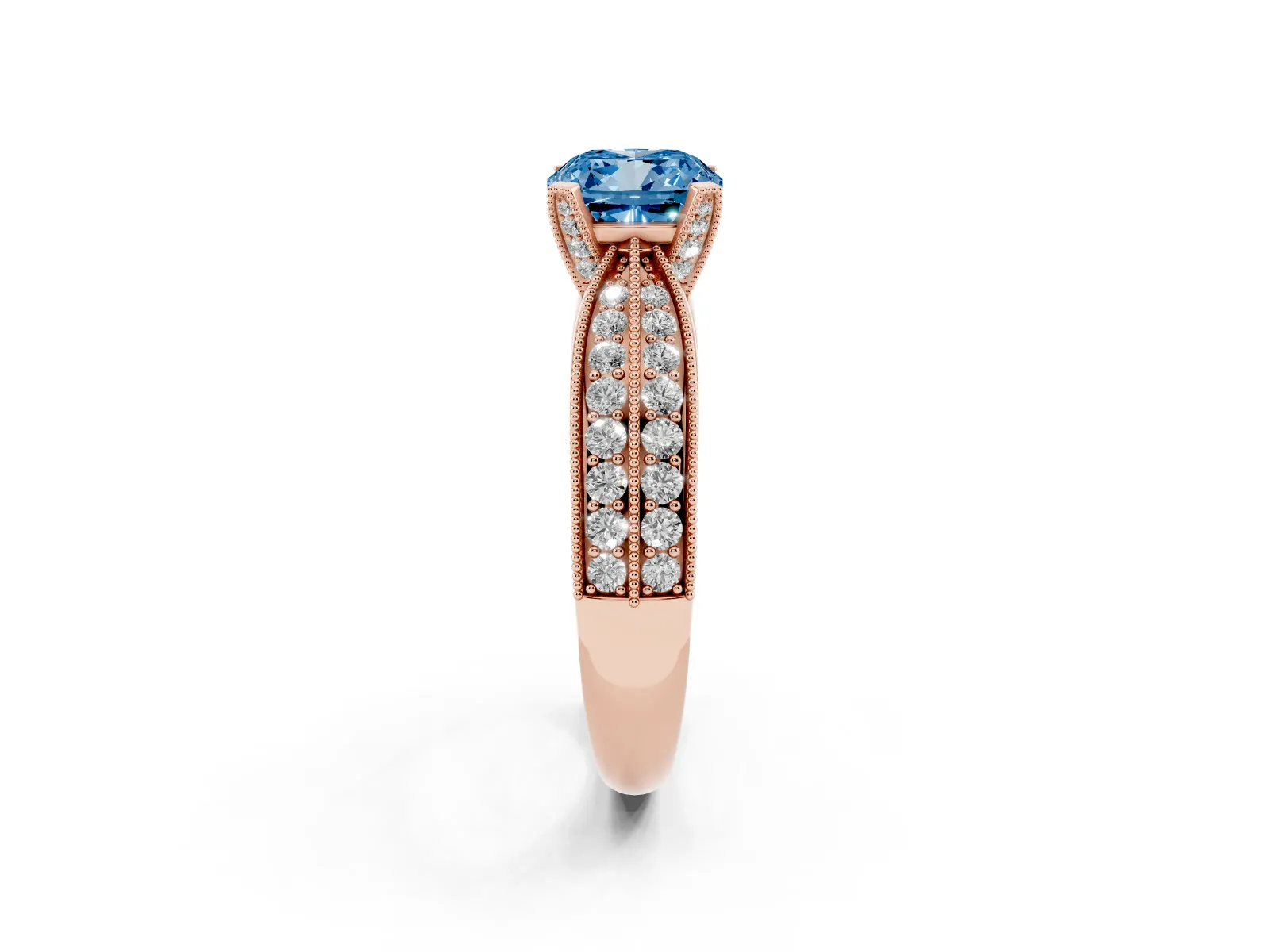 Fancy Blue Cushion Cut Diamond Solitaire Ring with Milgrain Round Pavé Band and Prong Setting Rose gold