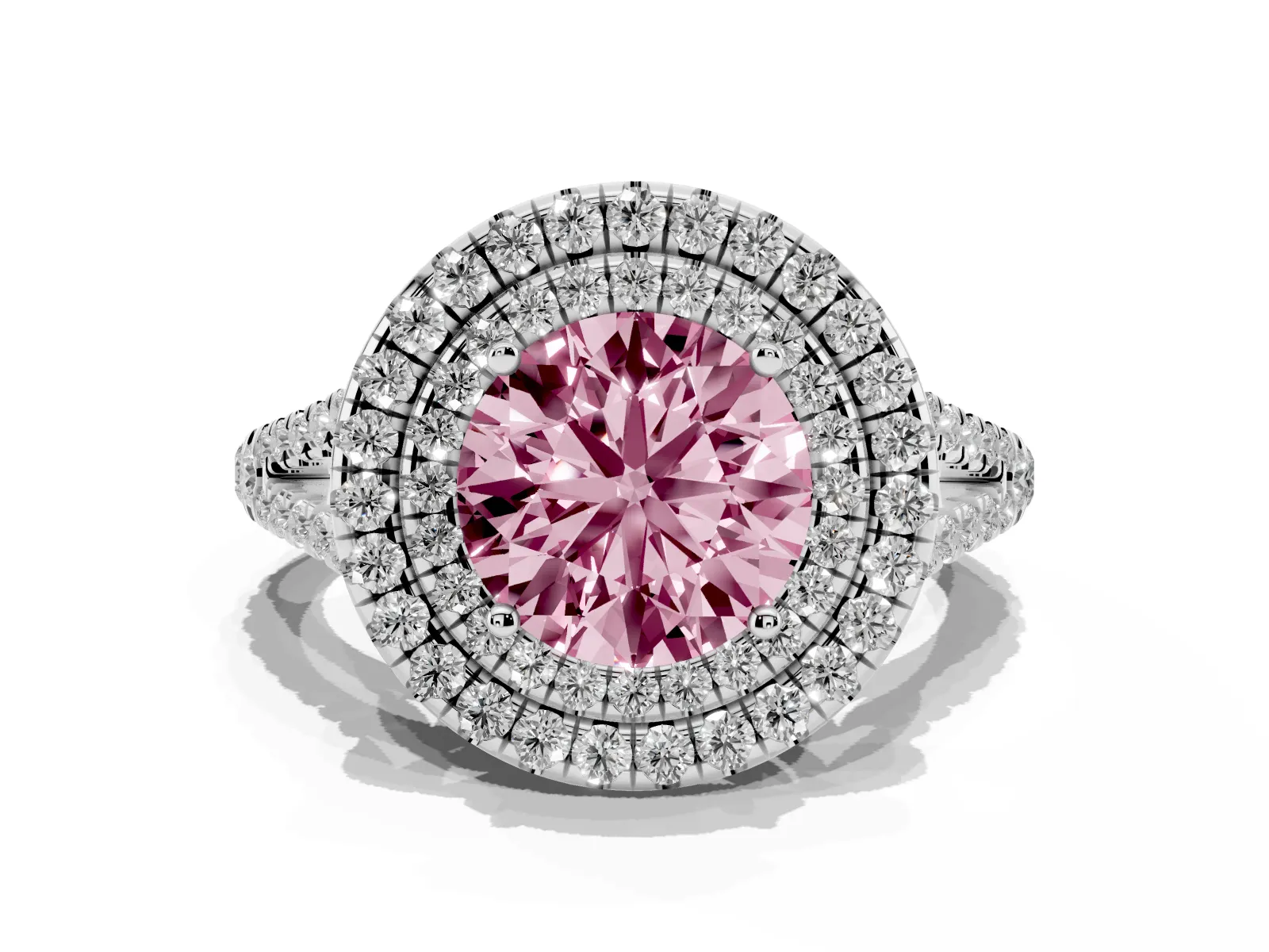 Fancy Pink Round Cut Diamond Double Halo Ring with Pavé Band and Prong Setting Platinum