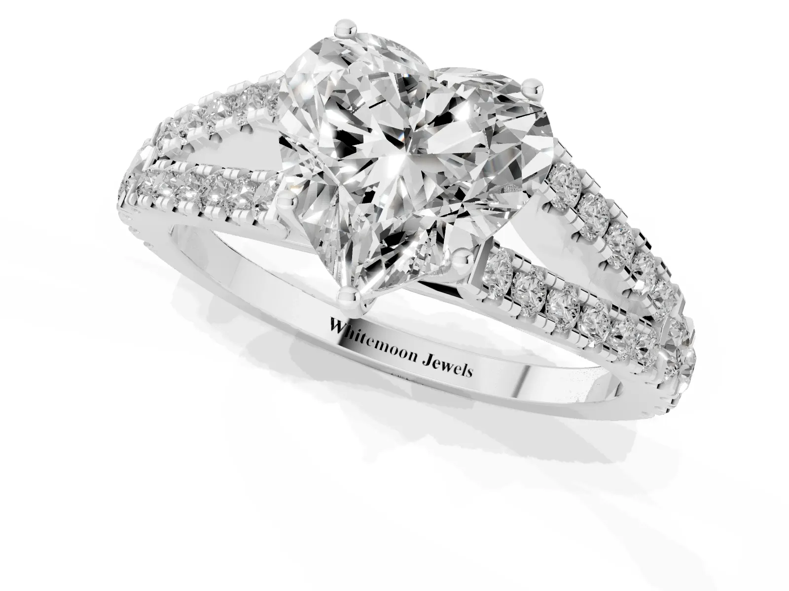 Heart Cut Diamond Split Shank Engagement Ring with Round Pavé and Prong Setting White gold