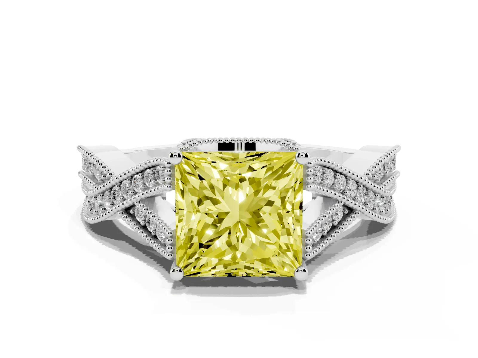 Fancy Yellow Princess Cut Cut Diamond Twisted Band with Milgrain Pave Setting and Four-Prong Setting Platinum
