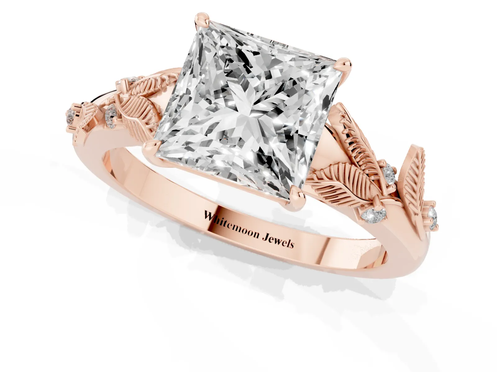 Princess Cut Diamond Solitaire Ring with Leaf Motif Band and Four-Prong Setting Rose gold