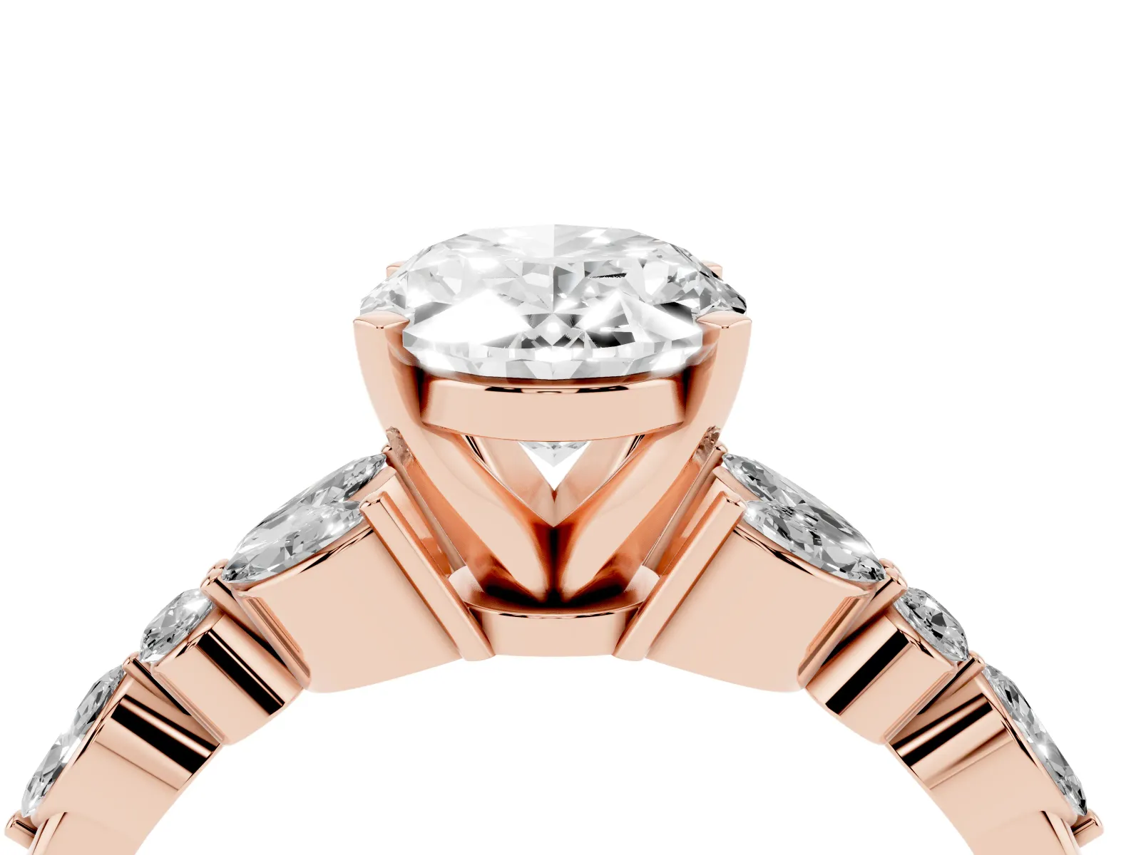 Oval Cut Diamond Solitaire Ring with Side Stones and Four-Prong Setting Rose gold