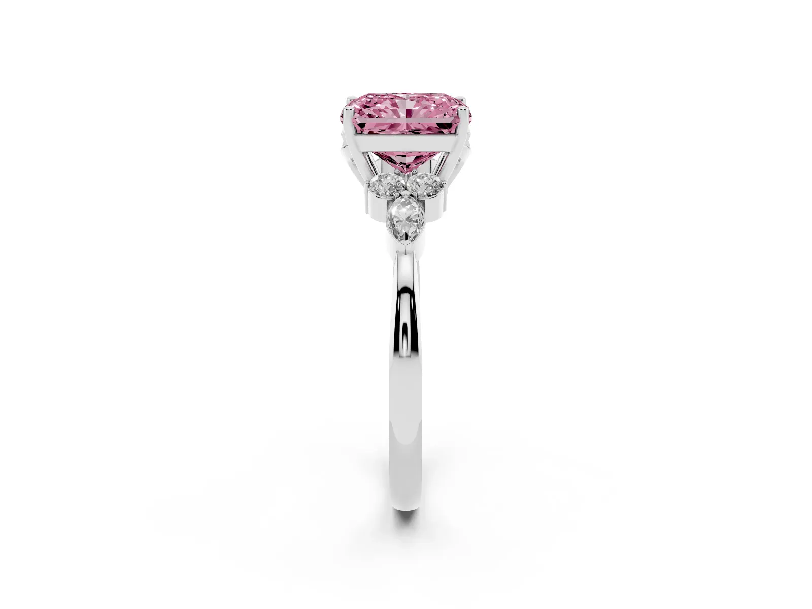 Fancy Pink Radiant Cut Brilliant Diamond Solitaire Ring with Pear Side Stones and Four-Prong Setting White gold