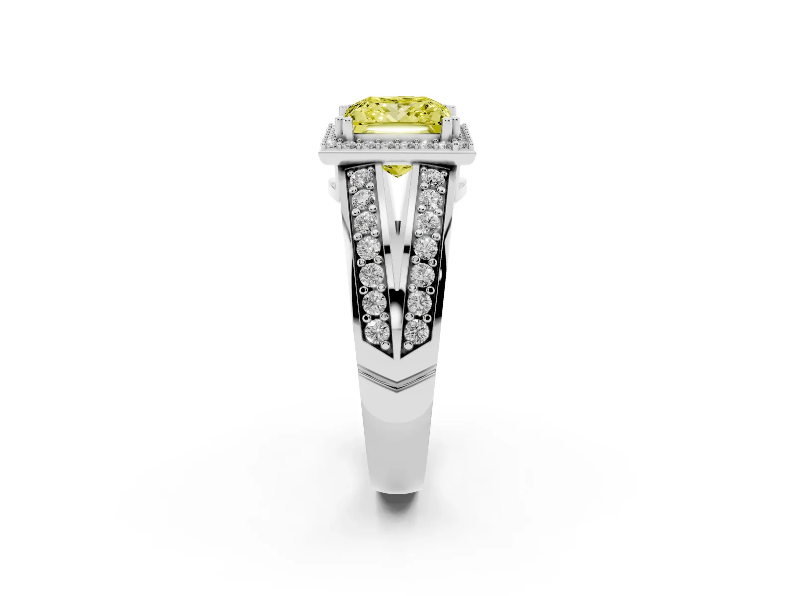 Fancy Yellow Princess Cut Diamond Halo Ring with Split Shank Pavé Band and Four-Prong Setting Platinum