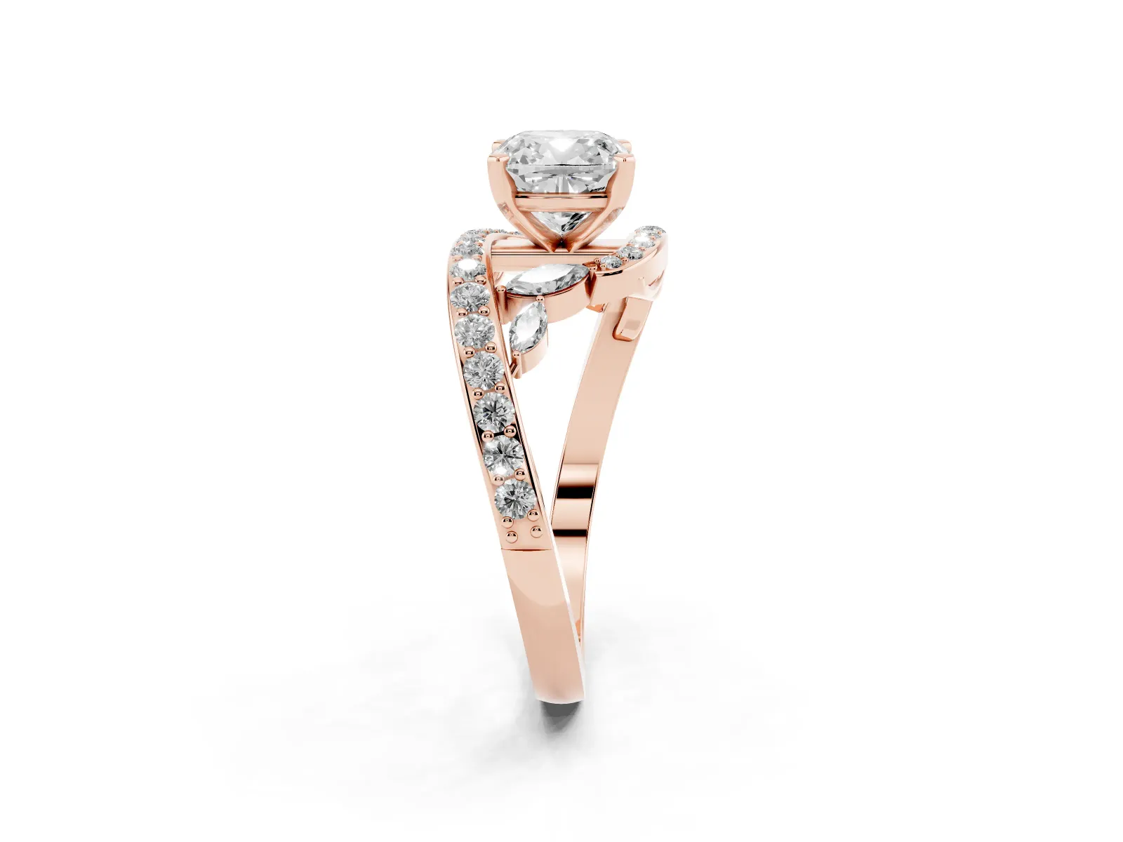 Cushion Cut Diamond Solitaire Ring with Filigree Band and Four-Prong Setting Rose gold