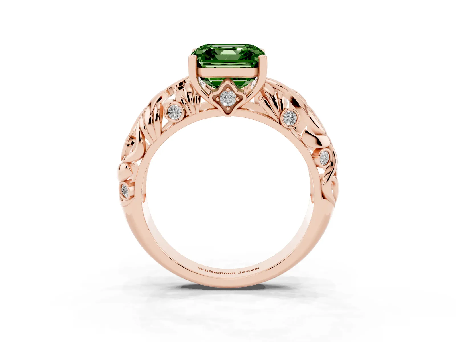 Fancy Green Asscher Cut Solitaire Diamond Leaf-Inspired Vine Band Ring with Prong Setting Rose gold