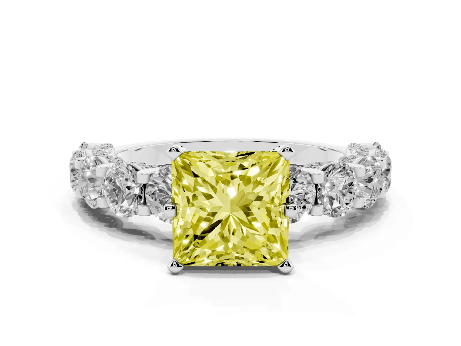 Fancy Yellow Princess Cut Diamond Side Stone Engagement Ring with Four-Prong Setting Platinum