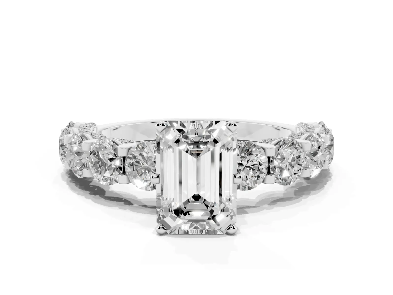Emerald Cut Diamond Side Stone Engagement Ring with Four-Prong Setting Platinum
