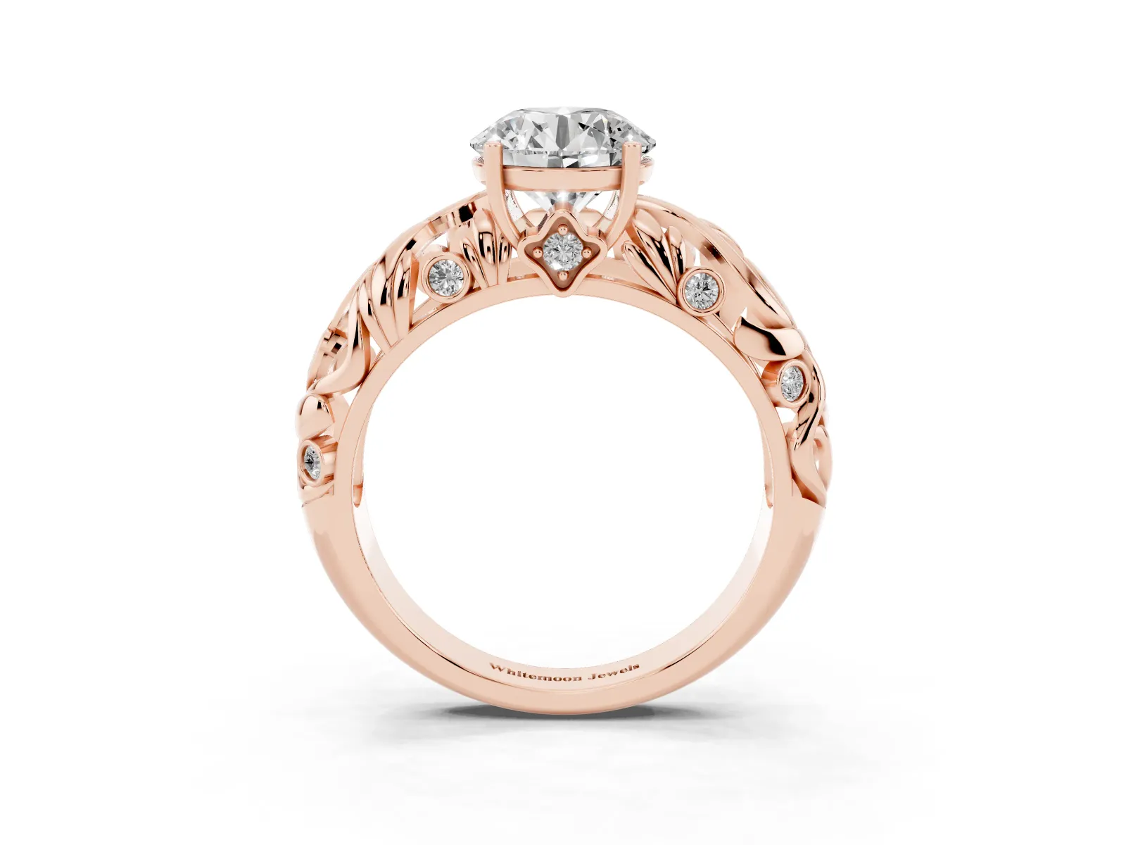 Round Cut Solitaire Diamond Leaf-Inspired Vine Band Ring with Prong Setting Rose gold