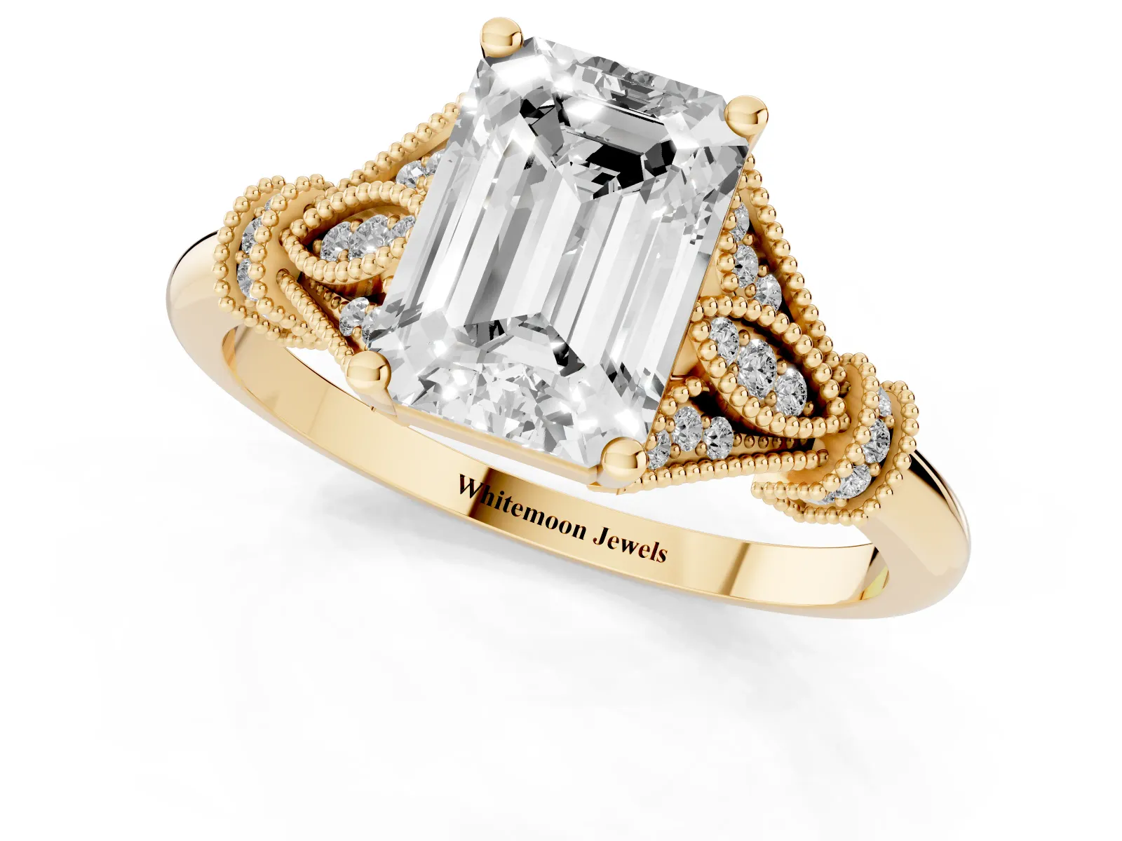Emerald Cut Diamond Solitaire Ring with Floral Filigree and Pave Accents Yellow gold