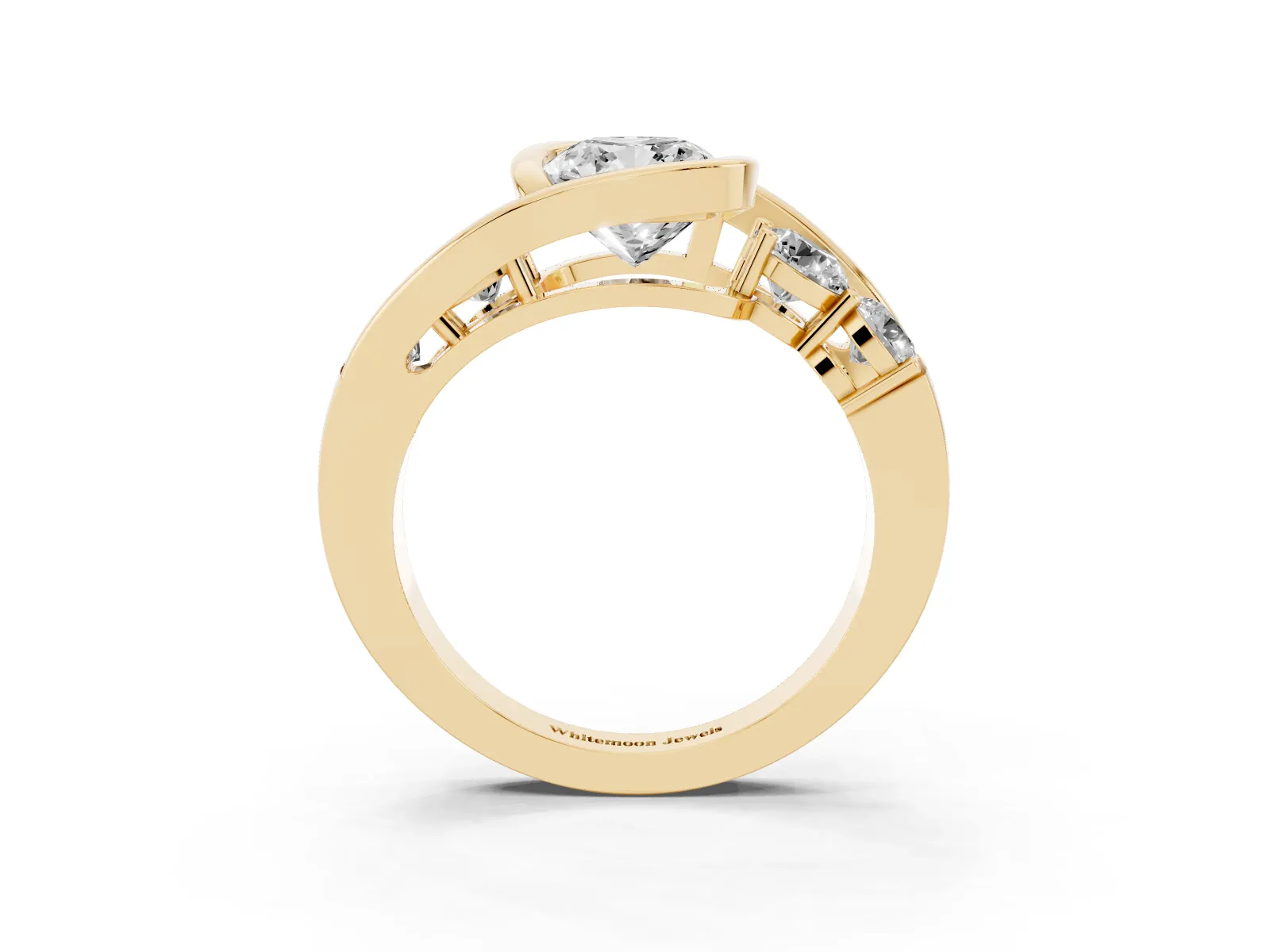 Bezel Set Cushion Cut Diamond Bypass Ring with Round Accents Yellow gold