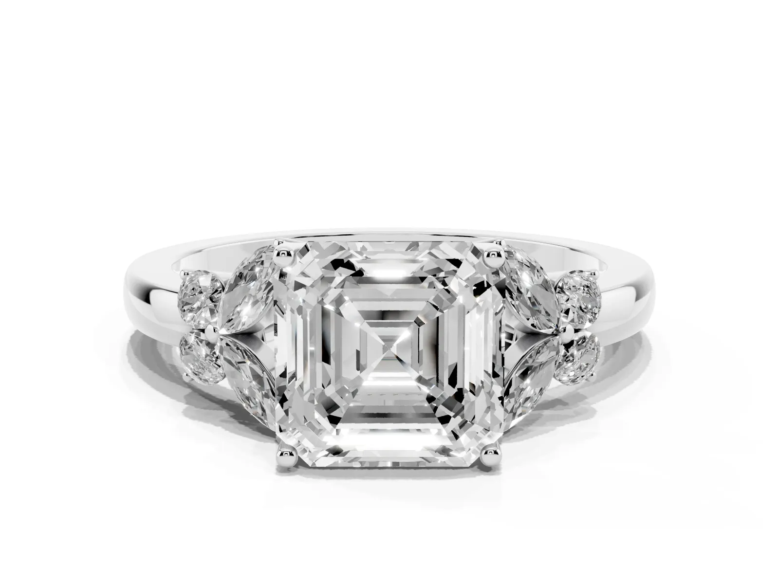Asscher Cut Cut Solitaire Floral Diamond Ring with Four-Prong Setting Platinum