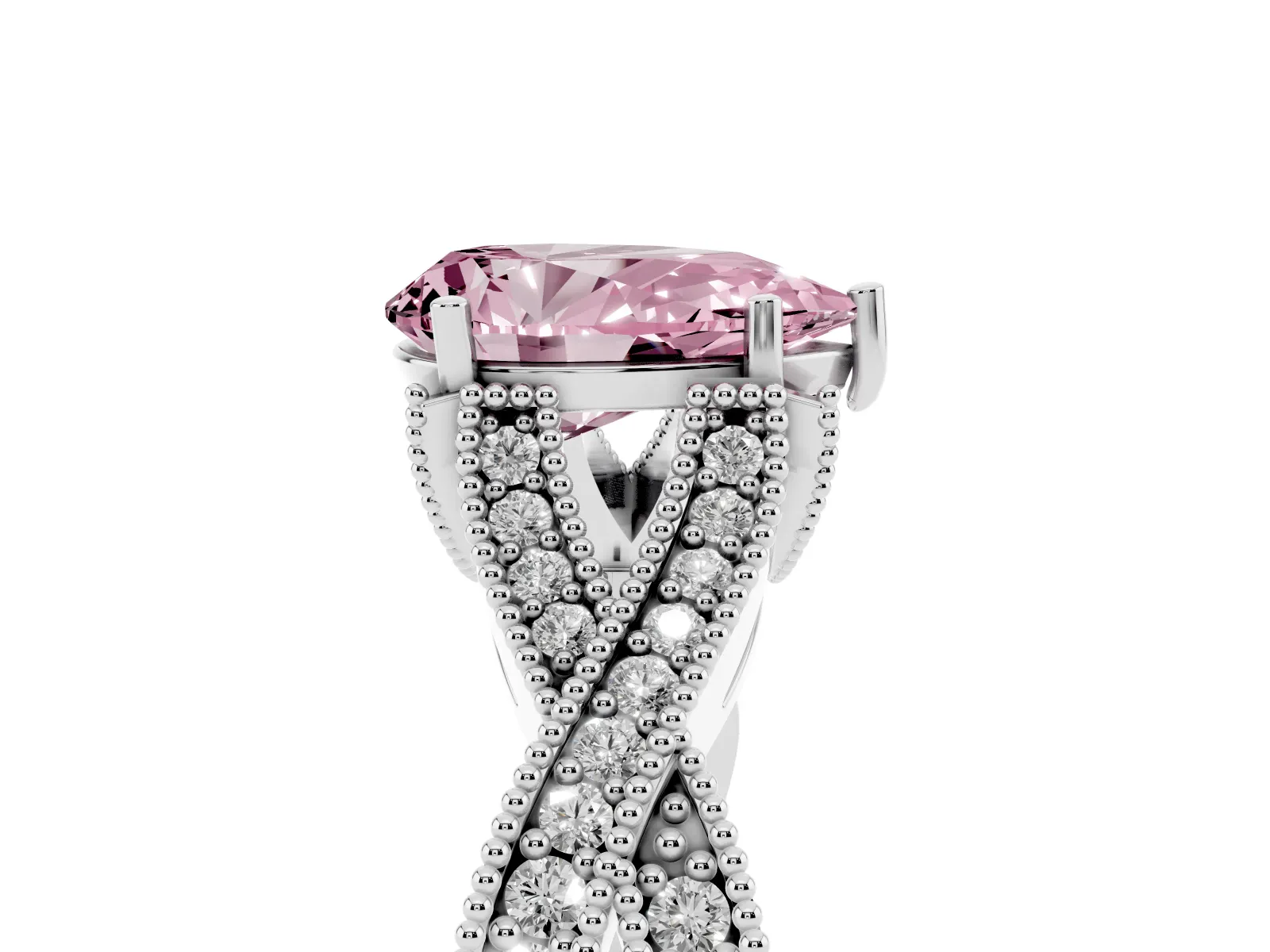 Fancy Pink Pear Cut Cut Diamond Twisted Band with Milgrain Pave Setting and Four-Prong Setting Platinum