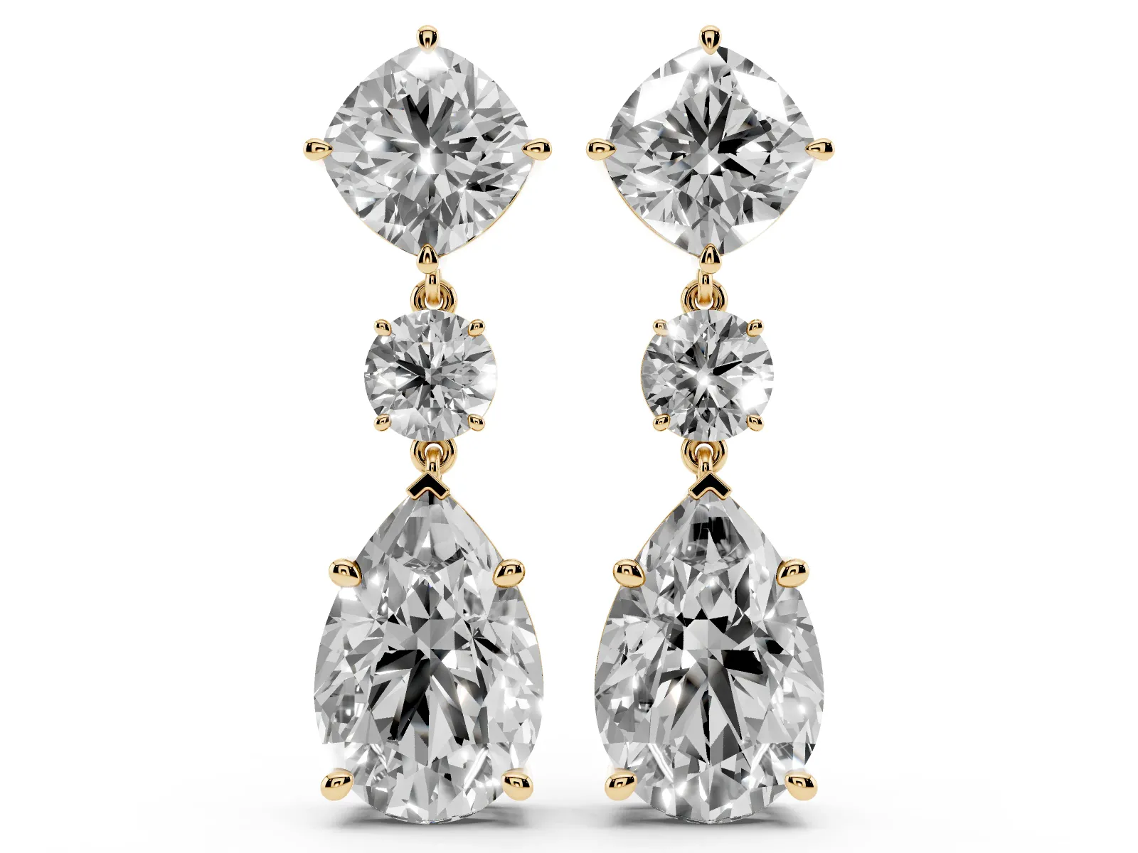 Cushion, Round and Pear Diamond Three-Stone Drop Earrings Yellow gold