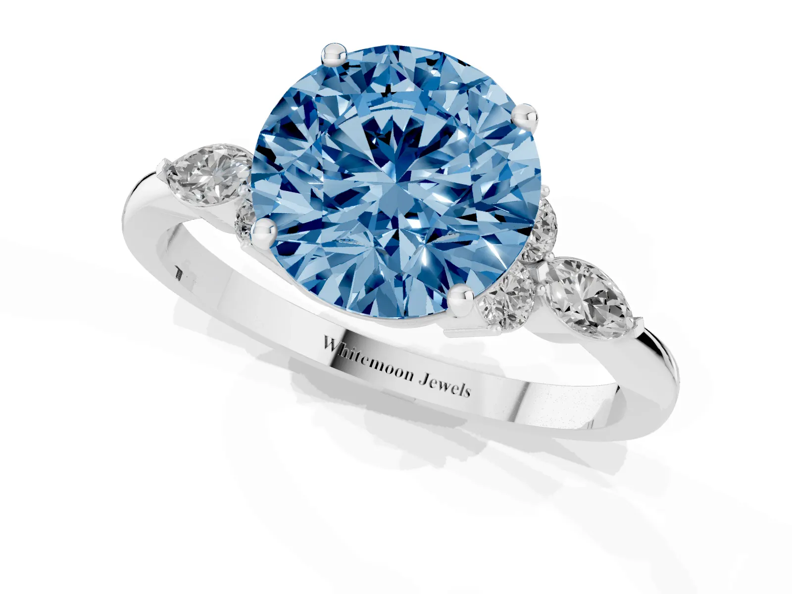Fancy Blue Round Cut Brilliant Diamond Solitaire Ring with Pear Side Stones and Four-Prong Setting Platinum