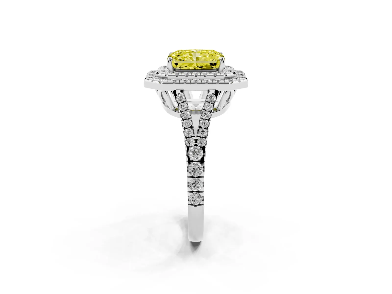 Fancy Yellow Radiant Cut Diamond Double Halo Ring with Pavé Band and Prong Setting Platinum