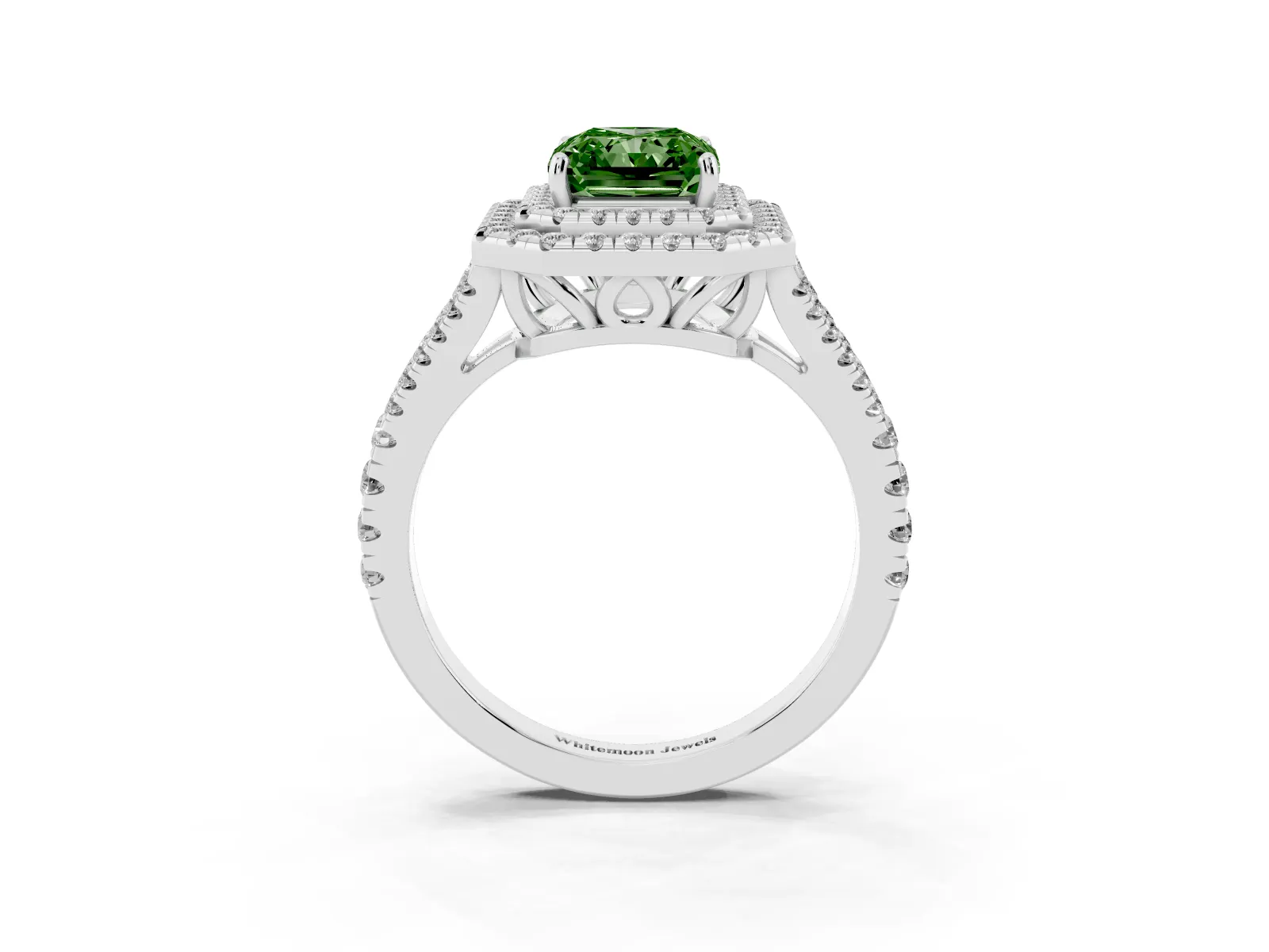 Fancy Green Radiant Cut Diamond Double Halo Ring with Pavé Band and Prong Setting Platinum