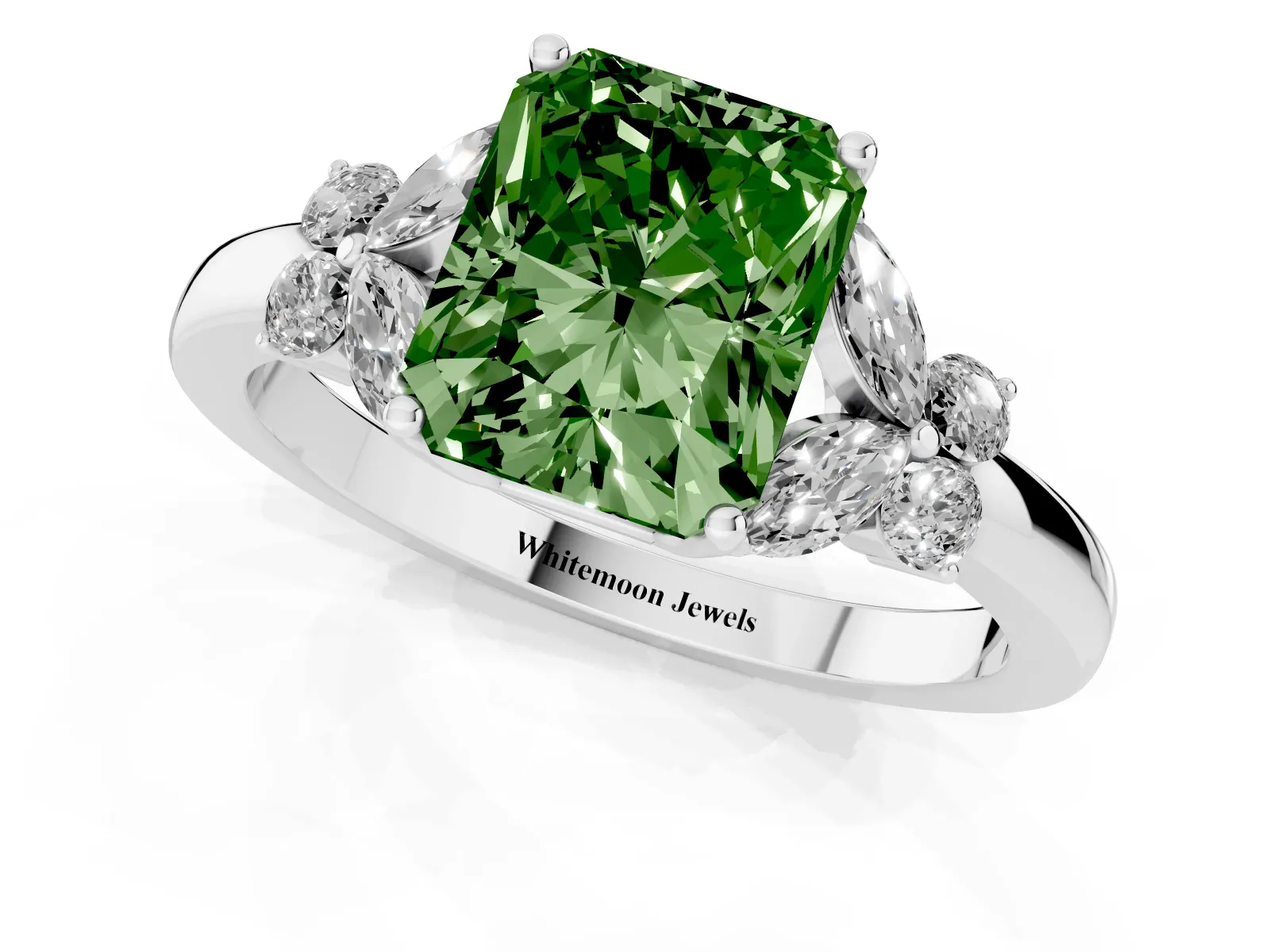 Fancy Green Radiant Cut Cut Solitaire Floral Diamond Ring with Four-Prong Setting Platinum