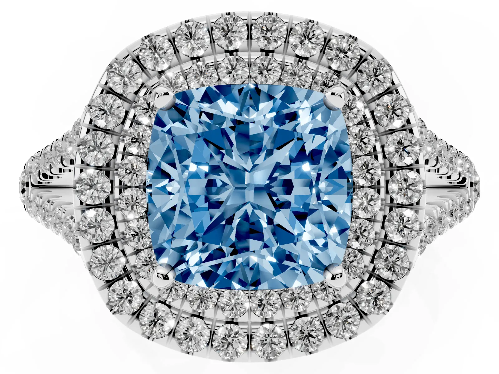 Fancy Blue Cushion Cut Diamond Double Halo Ring with Pavé Band and Prong Setting Platinum